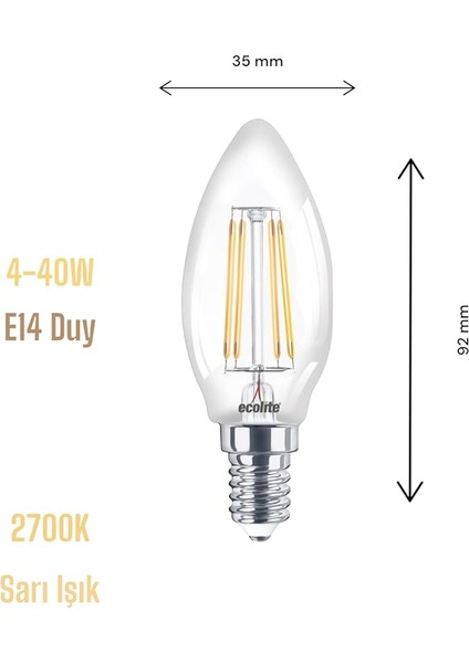 4W LED Filament Mum Ampul, E14 Duy, 2700K Sarı Işık, 470 Lümen, Şeffaf Cam, Akkor Görünümlü Dekoratif Lamba, 3'lü Paket fiyatları