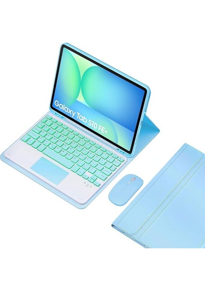 Samsung Galaxy Tab S10 Fe+ Plus 13,1 Inç 2025 Model (SM-X620/X626), 7 Renkli Aydınlatma, Çıkarılabilir Bluetooth Almanca Qwertz Klavye, Kalem Tutucu ve Fareli, Mavi