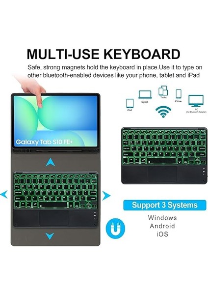 Samsung Galaxy Tab S10 Fe+ Plus 13,1 Inç 2025 Model (SM-X620/X626), 7 Renkli Aydınlatma, Çıkarılabilir Bluetooth Almanca Qwertz Klavye, Kalem Tutucu ve Fareli, Mavi fırsatları