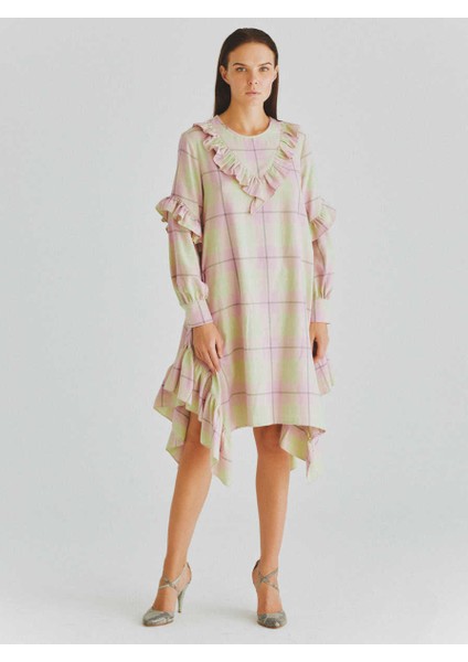 Fırfır Detaylı Ekose Günlük Elbise Yeşil K2011096_012