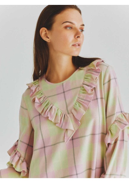 Fırfır Detaylı Ekose Günlük Elbise Yeşil K2011096_012 modelleri