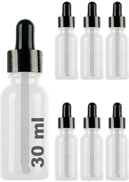 30 ml Metal Kapaklı Damlalık Dropper Şişesi Serum 30 cc Cam Şişe 6 Adet (Siyah Kapak, Şeffaf)