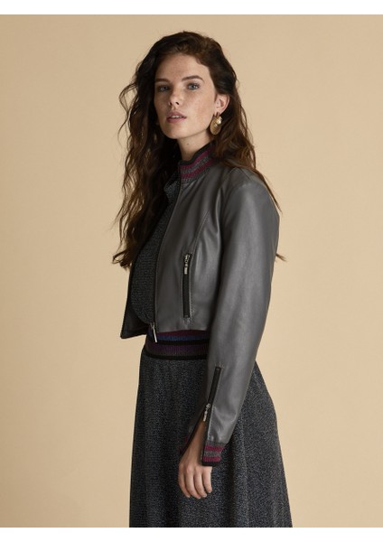 Fermuar Detaylı Crop Kadın Ceket Gri K1916027_004 fiyatları