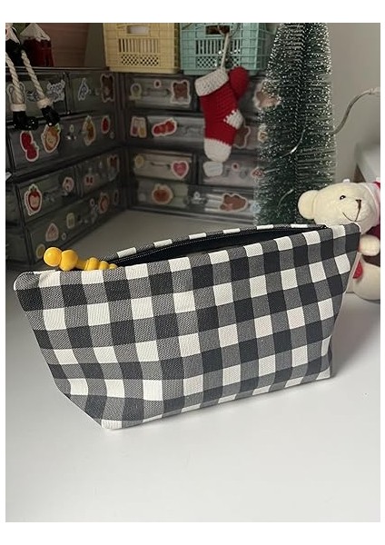 Büyük Pötikareli Yıkanabilir Fermuarlı Tek Gözlü Bez Kalemlik Kalem Kutusu Cüzdan Makyaj Çantası Bez Kalem Kesesi (Siyah) fırsatları