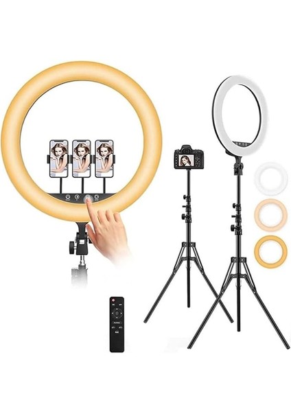 Youtuber Selfie LED Işıklı Hq-18 Halka 18 Inch Selfie/yayıncı/makyaj Işığı 210 cm Tripod 3 Telefon Tutuculu Kumandalı 3 Farklı Ayarlanabilir Işık Çift USB Girişli