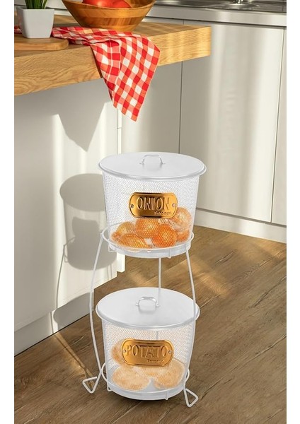 2 Katlı File Çelikten Üretilmiş Standlı Patates Soğan Kovaları, 2'li Metal Patates Soğanlık (Beyaz)