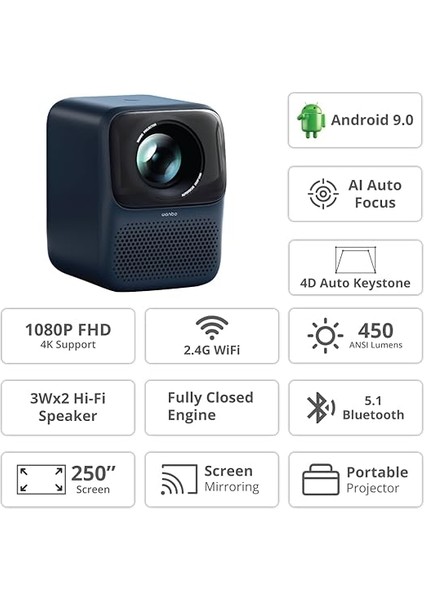 T2 Max Projeksiyon Cihazı Android, 450 Ansı Lümen, Otomatik Odaklama, Otomatik Köşe Düzeltme, Bluetooth Hoparlör Özellikli, Ekran Yansıtma, Gece Mavisi fiyatları