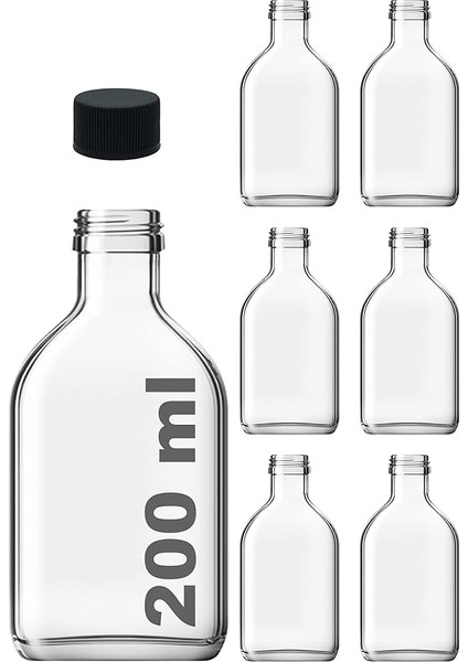 Cold Brew Yassı Şeffaf 200 ml Siyah Plastik Kapaklı Boş Cam Şişe 6 Adet (Soğuk Kahve)