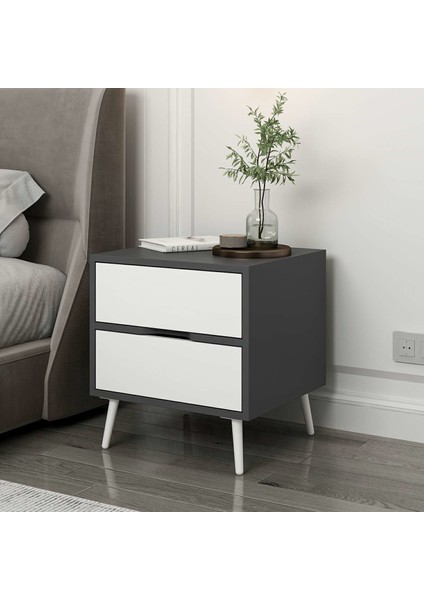 Elina Ayaklı 2 Çekmeceli Komodin - Antrasit/beyaz
