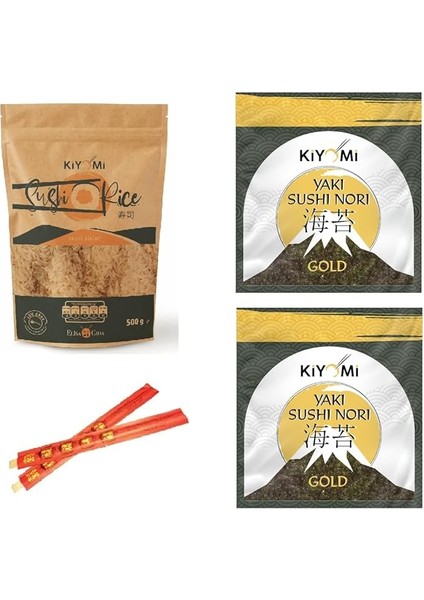 Suşi Pirinci + Doğal Sushi Nori Set | 2 Adet Sushi Pirinci 500 Gr, 5 Yaprak Kiyomi Yaki Sushi Nori Gold Kurutulmuş Deniz Yosunu, 2 Çift 21 cm Bambu Chopstick