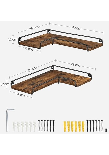 L Şeklinde Köşe Rafları, 2'li Set, Duvar Rafları, Yüzen Raflar, Endüstriyel Tarz, Oturma Odası, Yatak Odası, Mutfak, Yumuşak Kahverengi ve Siyah LLS831B01 modelleri