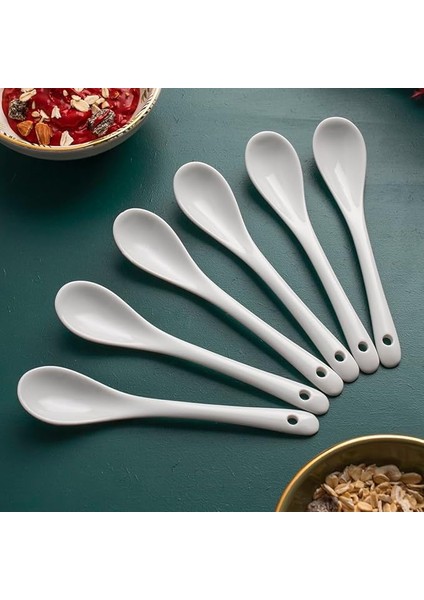 7997-1 6'lı Beyaz Porselen Baharat Kaşığı - Kahvaltılık Bal Reçel Şeker Servis Kaşığı 13 cm