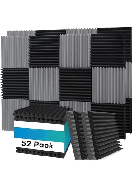 52 Paket Akustik Köpük Panel, 1 x 12 x 12 Inç, Geçirmez Köpük Paneller, Emici Akustik Paneller, Siyah ve Gri Renkte