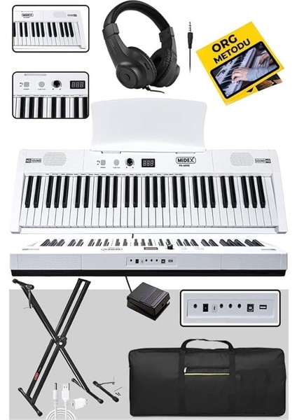 PS4000WH-SET Tuş Hassasiyetli 61 Tuşlu Org Bluetooth USB Midi (Sustain Pedalı Çanta Kulaklık Stand Metod)