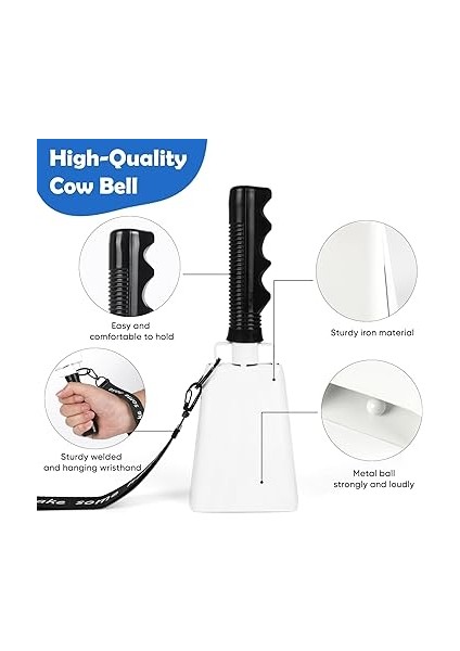 Çanları Saplı Gürültü Yapıcılar: Cowbells El Perküsyonu, Spor Etkinlikleri Için Bilek Kayışı - 2 Adet 2 Adet 20,8 cm Büyük Yüksek Sesle Tezahürat Zili Futbol Oyunları Mezuniyet Için (Beyaz) modelleri