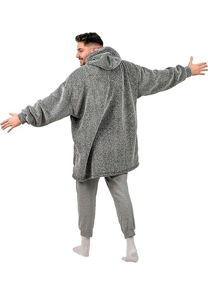 Oversize Giyilebilir Battaniye Tek Beden Çok Rahat Unisex Hoodie Peluş Kapüşonlu Sweatshirt (Gri-Siyah) fırsatları