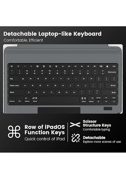 iPad Air 13" (M3 2025/M2 2024), iPad Pro 12.9" (6./5./4. /3. Nesil) Sağlam Kılıf Çıkarılabilir Klavye, Sihirli Izleme Dörtgeni, Portre/manzara Standı, Siyah modelleri