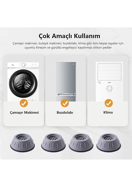 Gürültü Engelleyici ve Kaymaz Titreşim Önleyici Kauçuk Ayak Pedleri Çamaşır Makinesi Stoper 4'lü Set, Gri modelleri