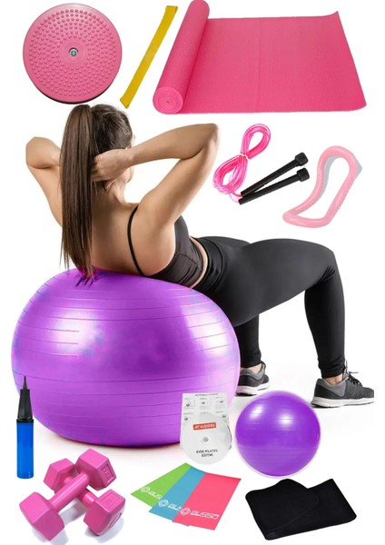 15 Li Pilates Seti Topu Pilates Bandı Dambıl Minder Atlama Ipi Twister Aerobik Kemer Yoga Yüzüğü