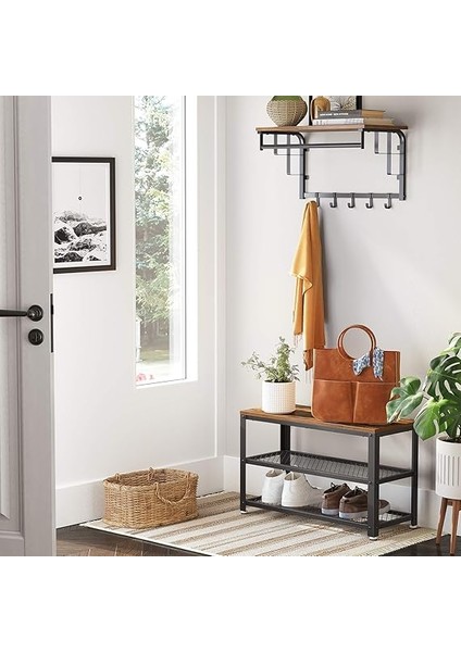 Ayakkabı Tezgahı, 2 Raflı Ayakkabılık, Ayakkabı Saklama Yeri, 73 x 30 x 45 Cm, Giriş Alanı Için, Koridor, Oturma Odası, Metal Çerçeve, Endüstriyel Tasarım, Eski Kahverengi-Siyah LBS73X fiyatları