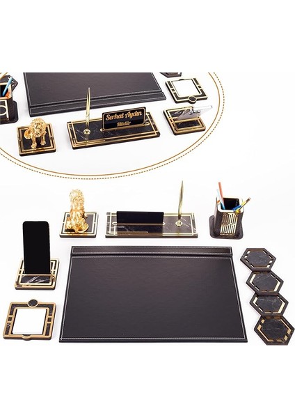 Aslan Biblolu Altın Deri Sümen Takımı Mermer Desen Ahşap Isme Özel Masa Isimliği Masaüstü Isimlik