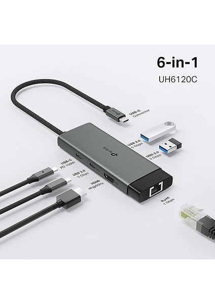 UH6120C, 1 Hdmı, 1 100W Hızlı Şarj Portu, 1 Usb-C, 2 Usb-A 3.0 Port ve Type C Den Gigabit Ethernet Dönüştürücü modelleri