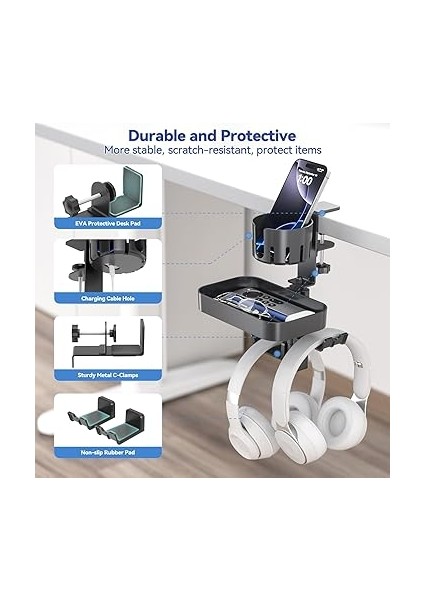 2 Kulaklık Kancalı Masa Altı Düzenleyici - Bardak Tutuculu Gizli Saklama Çekmecesi Tepsisi - Delme Yok Sağlam Döner C-Kelepçe Ofis Okul Ev Oyun Odası Aksesuarları Için Masaüstü Montajı fırsatları