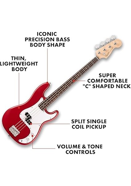 Squier Debut Serisi Precision Bass Elektro Gitar, Yeni Başlayanlar Için Gitar, Saten Dakota Kırmızısı fiyatları