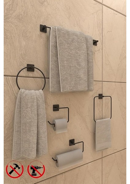 Banyo Yapışkanlı Aksesuar Seti Havluluk T.kağıtlık ve Peçetelik Kare Siyah 5 Li Set fiyatları