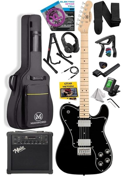 TLX-60BK-25AMP Telecaster Maple Klavye Hh 25W Amfili Elektro Gitar Seti