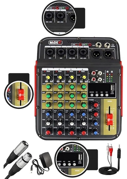 MDX-04FXU Ses Mikseri Stüdyo Kayıt Için 5 Kanal Ses Kartlı +48V Phantomlu Kayıt Mikseri