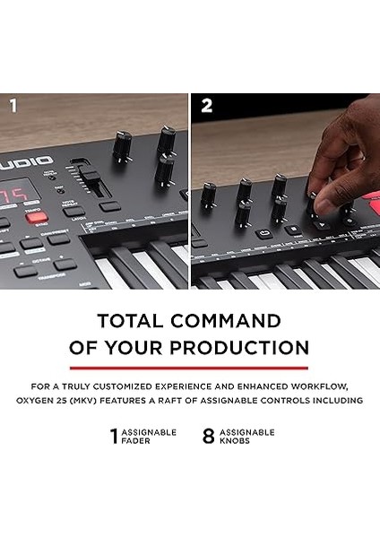 Oxygen 25 V – 25 Tuşlu USB Mıdı Klavye Denetleyicisi, Beat Pad'li, Smart Chord & Scale Modlu, Arpegiator ve Yazılım Paketi Dahil fırsatları