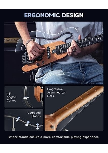 Hush-X Elektro Gitar Kiti - Seyahat ve Uygulama Için Tüy Işığı ve Sessiz Performanslı Başsız Gitar, Maun Katı Gövdesi, Bir Saniyelik Montaj Çerçeveleri, Konser Çantası, Tüm Aksesuarlar, Doğal fırsatları