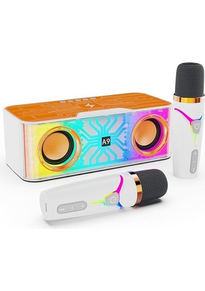 Karaoke Makinesi Şeffaf Mecha Tasarım Hoparlör Taşınabilir Bt Mikrofon ve 2 Kablosuz Mikrofonlu Hoparlör Seti LED Renkli Işık El Mikrofonu Doğum Günü Partisi Için Karaoke Leri Dış Mekan Ev Ktv