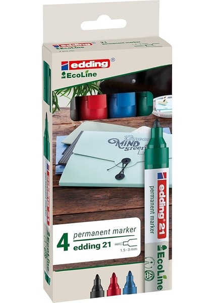 21 Ecoline Permanent Markör, 4'lü Set, Karışık Renkler, Yuvarlak Uç, Yeniden Doldurulabilir