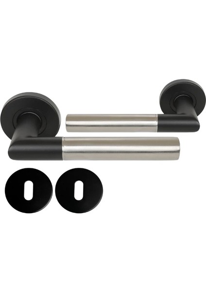 Vega Siyah Saten Oda Tipi Rozetli Paslanmaz Kapı Kolu Takım