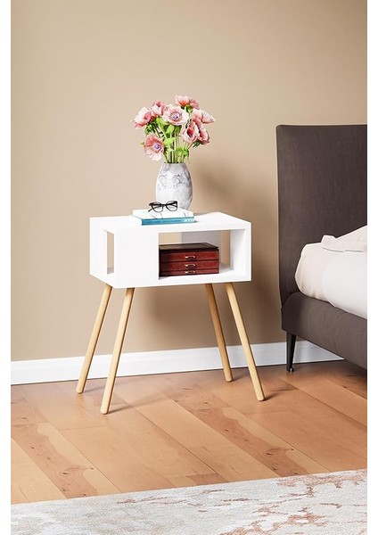 Ahşap Ayaklı Dekoratif Raflı Komodin - Beyaz