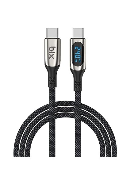 BXCC243 Type-C To Type-C 240W 480MBPS E-Marker Çip Dijital Ekran Göstergeli Örgülü Şarj ve Data Kablosu 1 Metre
