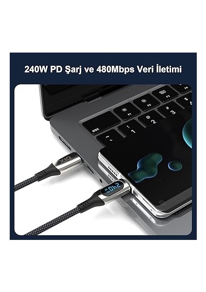 BXCC243 Type-C To Type-C 240W 480MBPS E-Marker Çip Dijital Ekran Göstergeli Örgülü Şarj ve Data Kablosu 1 Metre indirimleri