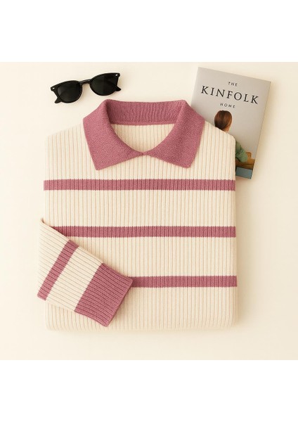 -Kadın Selanik Örgü Polo Yakalı Renkli Çizgili Oversize Basic Kazak