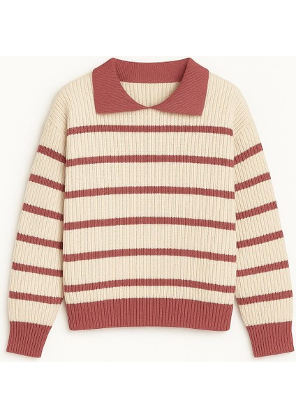 -Kadın Selanik Örgü Polo Yakalı Renkli Çizgili Oversize Basic Kazak fiyatları