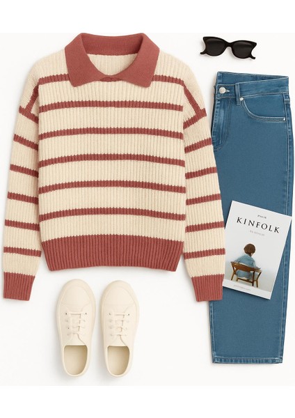 -Kadın Selanik Örgü Polo Yakalı Renkli Çizgili Oversize Basic Kazak modelleri