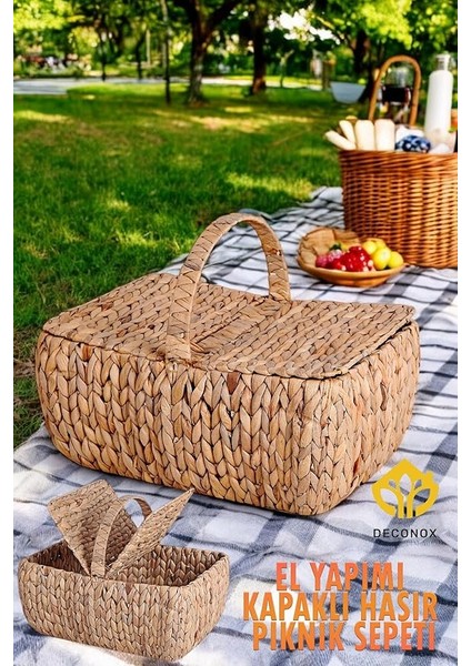 El Yapımı Su Sümbülü Kapaklı Büyük Boy Hasır Örme Piknik Sepeti Dikdörtgen - 46X30CM - 20-36CM fiyatları
