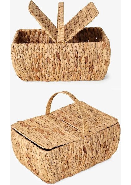 El Yapımı Su Sümbülü Kapaklı Büyük Boy Hasır Örme Piknik Sepeti Dikdörtgen - 46X30CM - 20-36CM fırsatları