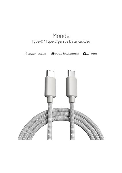 60W Örgülü Type C To Type C Spk-10 Monde 1mt Data ve Şarj Kablosu fiyatları