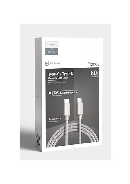 60W Örgülü Type C To Type C Spk-10 Monde 1mt Data ve Şarj Kablosu fırsatları