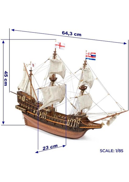 12003 1/85 Ölçek, Golden Hint, 64 Cm. Yelkenli Ingiliz Keşif Gemisi, Ahşap Model Kiti fırsatları