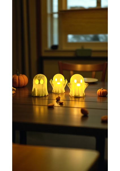 3’lü Tealightlı Hayalet Seti – Dekoratif Halloween Masa Süsü (Biyoplastik) 7 cm