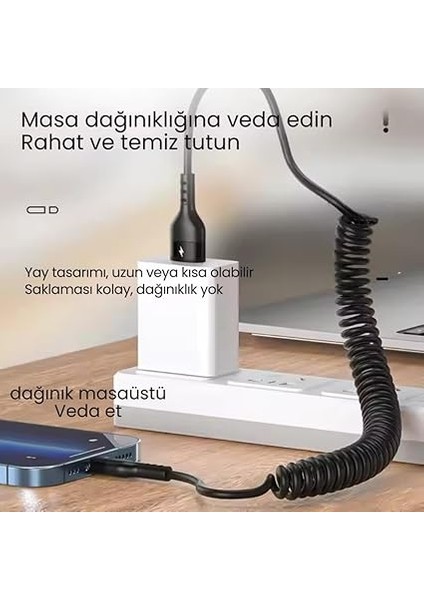 5A 66W Spiral USB To Type C Şarj ve Data Kablosu,1-1,5 Metre Kısayıp Uzayabilen Elastik Kablo fırsatları