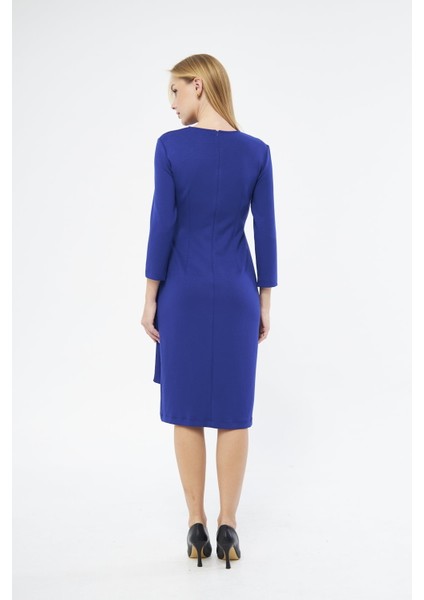 Picacy Yuvarlak Yaka Diz Altı Regular Fit Mavi Renk Elbise